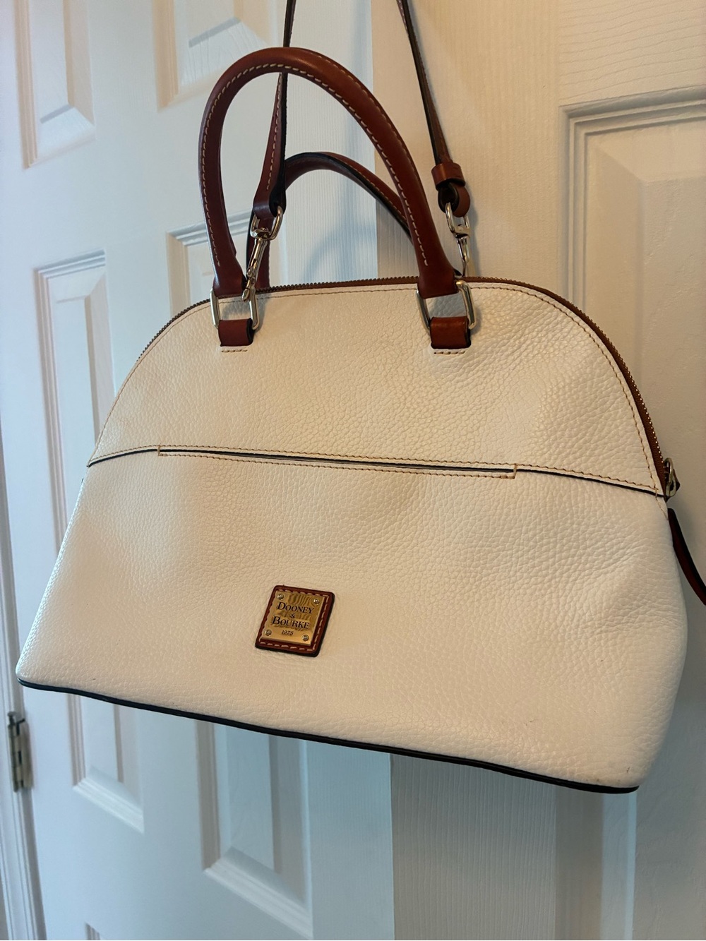 Dooney & Bourke Cream Leather Dome Satchel with Brown Handles